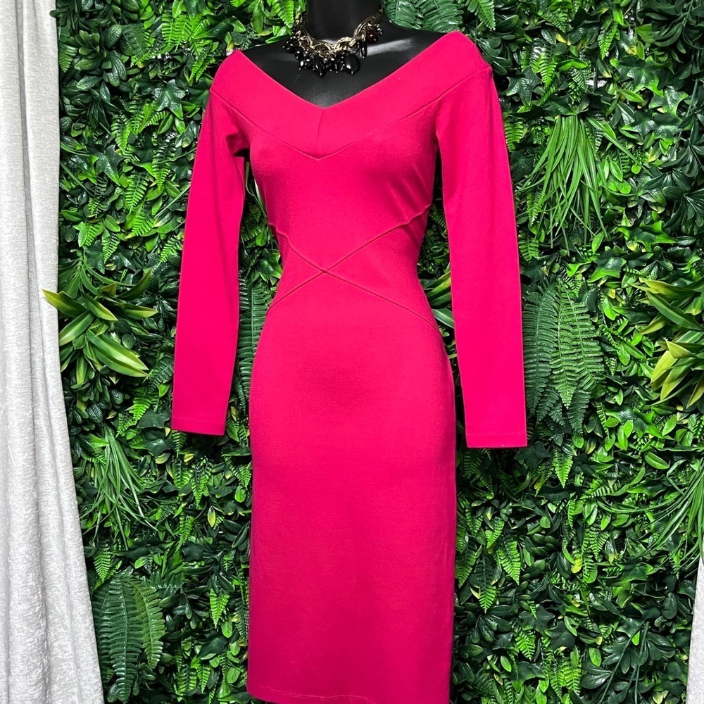 Karen Millen Dress US 6 Fuchsia Red Off Shoulder V-Neck Bodycon Midi 3853 - Picture 9 of 9